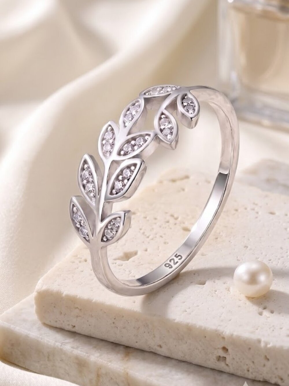 925 Sterling Silver Cubic Zirconia Leaf Vine Botanical Ring Cottagecore Size 6